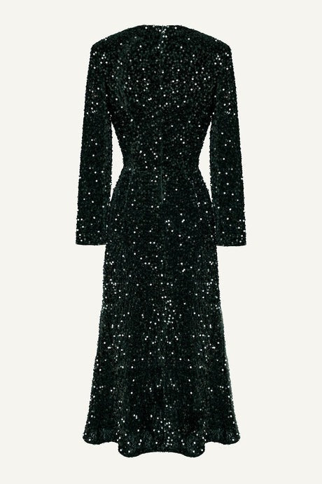 Sequin Decorated Velvet Long Sleeve Midi Dress